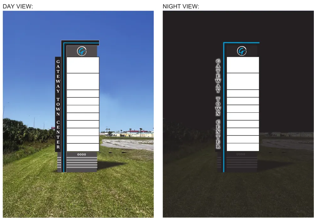 Monument sign concept, day and night views